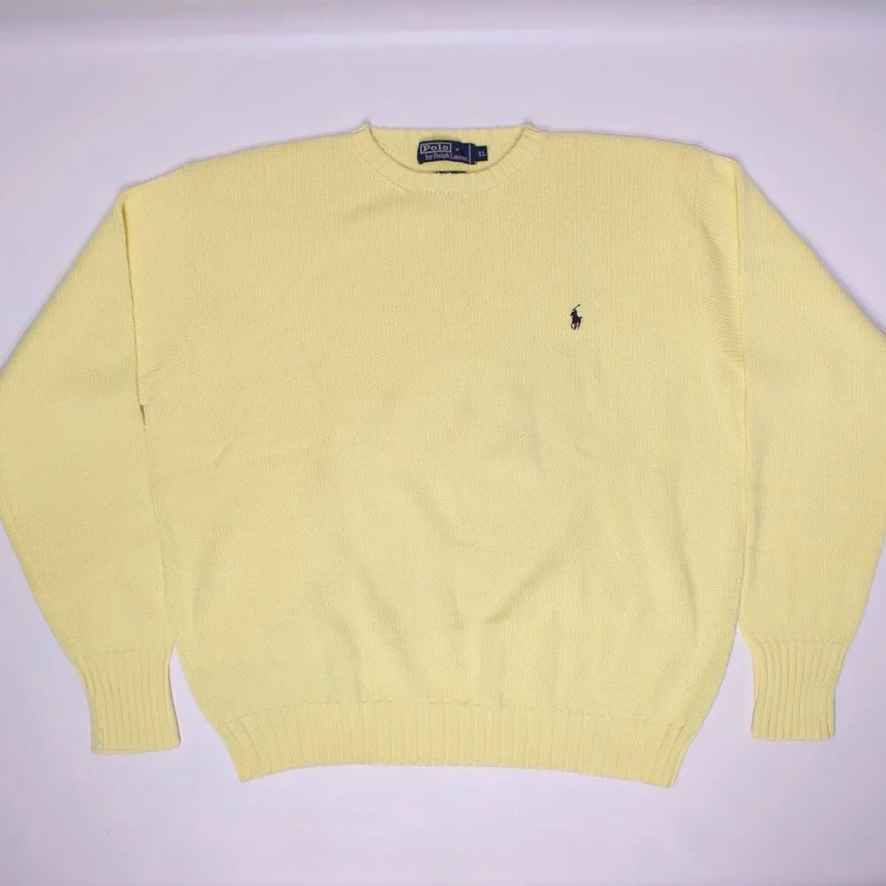 VTG 90s Polo Ralph Lauren Yellow Knit Crewneck Sweater Embroidered Pony Men XL - Picture 5 of 8